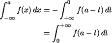 \begin{align*}\int_{-\infty}^a f(x) \, d x
& =
- \int_{+\infty}^0 f(a - t) \, d t
\\
& =
\int_0^{+\infty} f(a - t) \, d t
\end{align*}