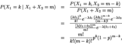\begin{eqnarray*}P(X_1 = k \mid X_1 + X_2 = m) & = & \frac{P(X_1 = k, X_2 = m - ...
... t_2)}} \\
& = & \frac{m!}{k! ( m - k)!} p^k (1 - p)^{m - k},
\end{eqnarray*}