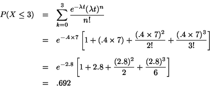 \begin{eqnarray*}P(X \leq 3) & = & \sum_{k=0}^3 \frac{e^{- \lambda t} (\lambda t...
...+ \frac{(2.8)^2}{2} + \frac{(2.8)^3}{6} \right] \\
& = & .692
\end{eqnarray*}