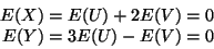 \begin{displaymath}\begin{split}
E(X) & = E(U) + 2 E(V) = 0
\\
E(Y) & = 3 E(U) - E(V) = 0
\end{split}\end{displaymath}