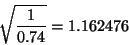 \begin{displaymath}\sqrt{\frac{1}{0.74}} = 1.162476
\end{displaymath}